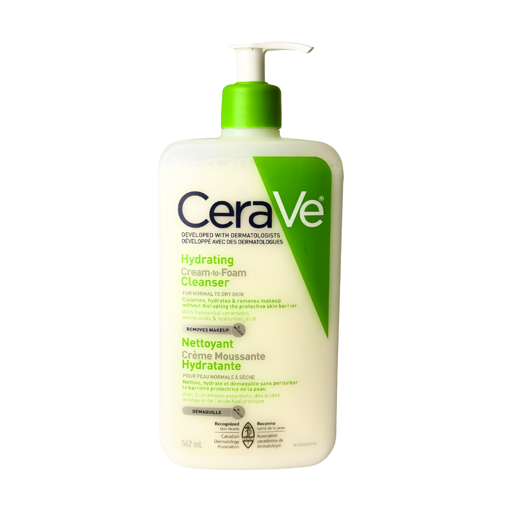 CeraVe hydrating cream-to-foam cleanser bottle on a white background