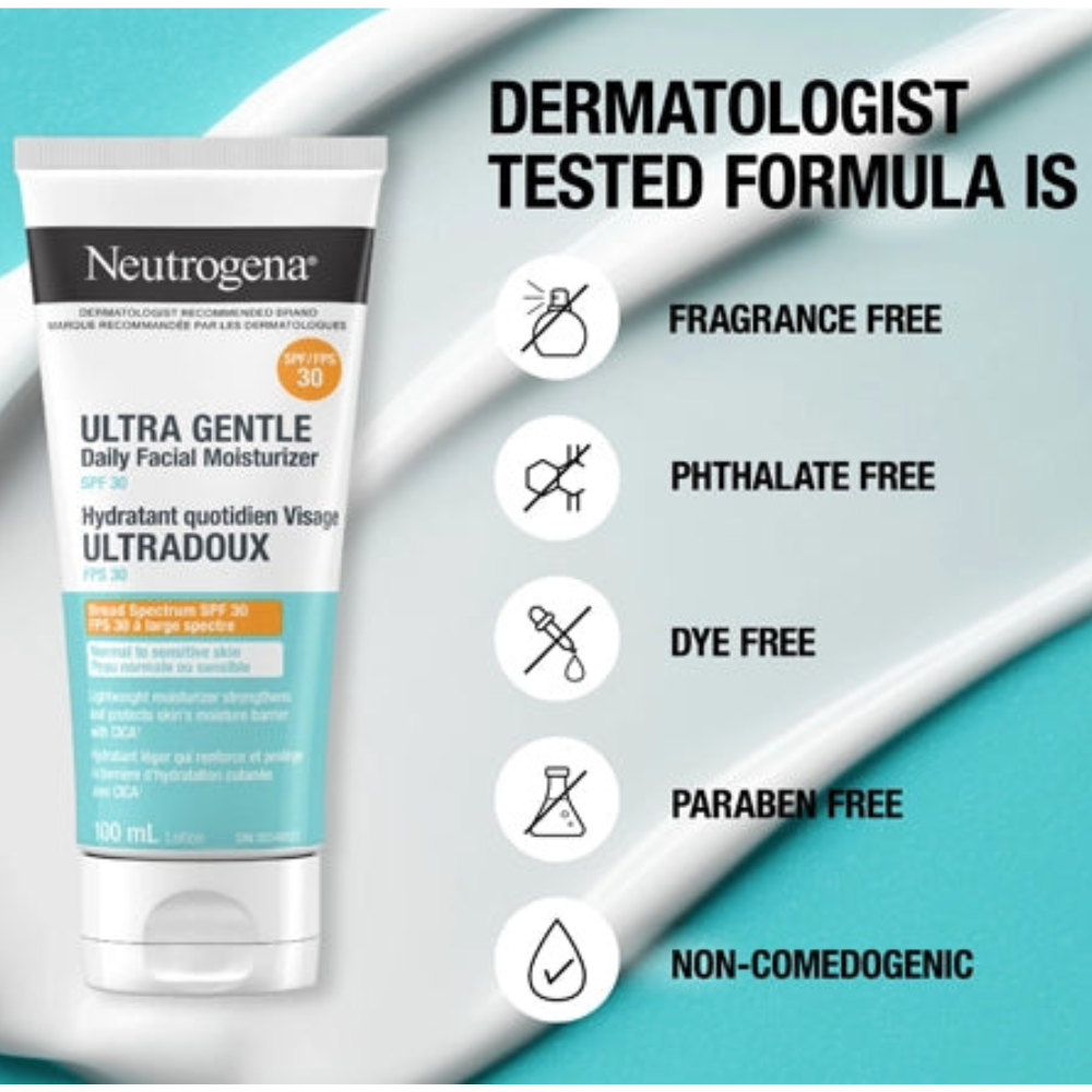 Neutrogena Ultra Gentle Daily Facial Moisturizer with product features listed on a blue and gray background