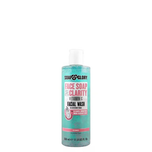 Soap & Glory Clarity Vitamin C Facial Wash tube with bright, refreshed skin background