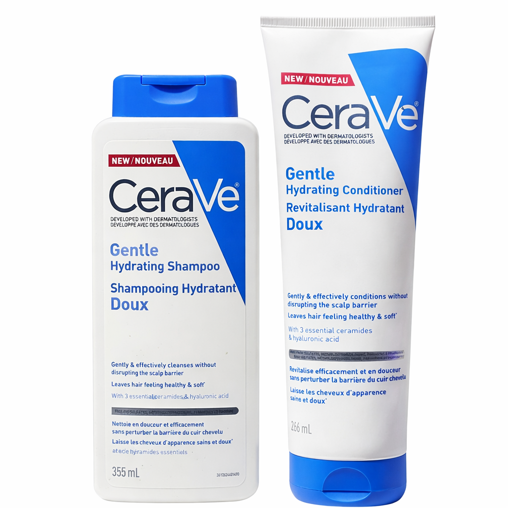 CeraVe Gentle Hydrating Shampoo and Conditioner on a white background