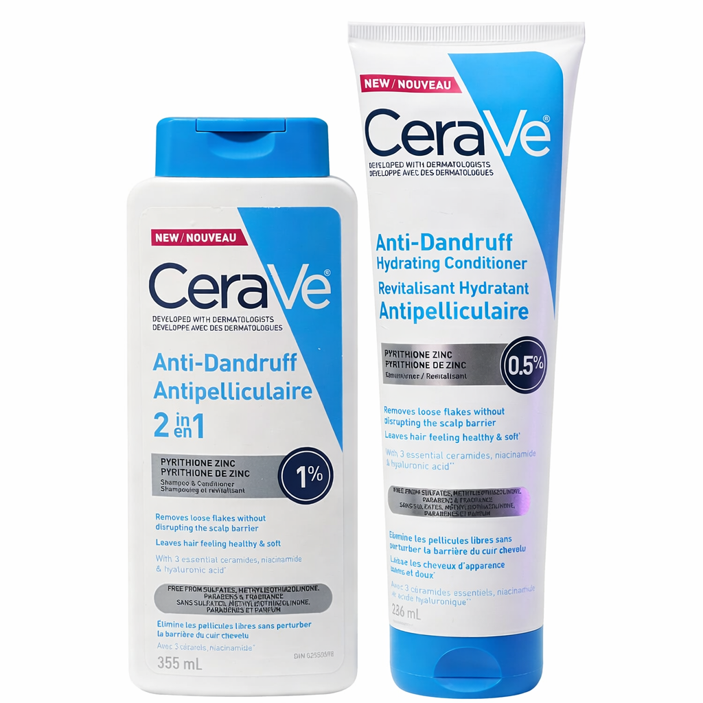 CeraVe anti-dandruff shampoo and conditioner on a white background