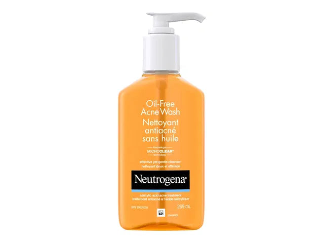 Neutrogena oil-free acne wash bottle on a white background