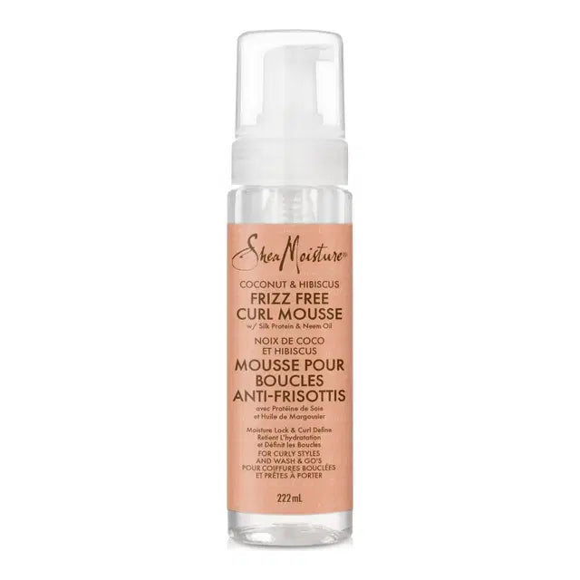 SheaMoisture coconut hibiscus frizz free curl mousse bottle on a white background