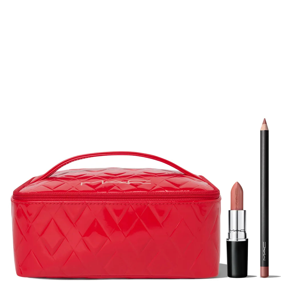 MAC Lip Duo lipstick and lip pencil with a free red makeup pouch on a white background