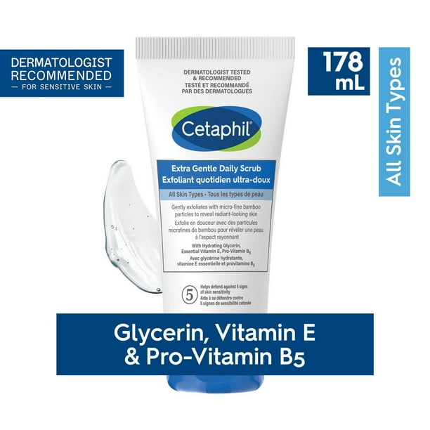 Cetaphil Extra Gentle Daily Scrub packaging with product details on a white background